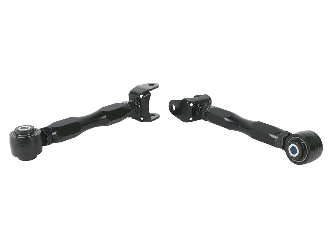 Side-shot view of Whiteline black, metal adjustable, rear lower toe arms for Toyota GR Corollas.