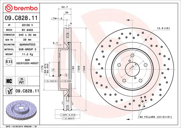 Technical diagram with specs and measurements for Brembo 09.C828.11.