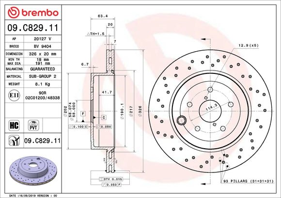 Technical diagram with specs and measurements for Brembo 09.C829.11.