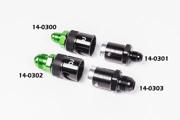 Radium dry break fittings, black with green accents. Parts 14-0300, 14-0301, 14-0302 and 14-0303.