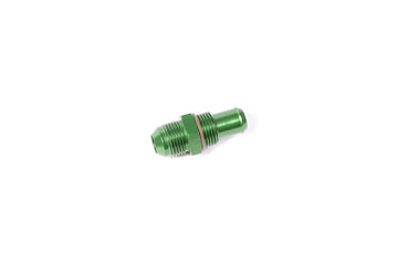 Stock photo of a green, metal Radium 5/8In Barb to 10AN Bulkhead Fitting