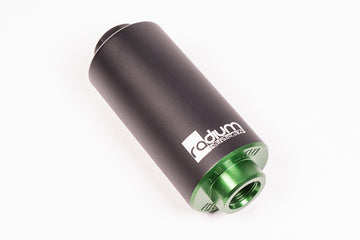 Stock photo of a black Radium Fuel Filter Kit, Microglass, 6 Micron with green accents.