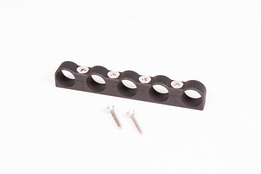 Stock photo of a black, 5-way Radium Hose Separator Clamp.