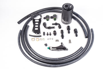 Stock photo of a black Radium 15+ WRX AOS-R Kit- with Master Cylinder Brace, including black hose tubing and fittings with green accents.