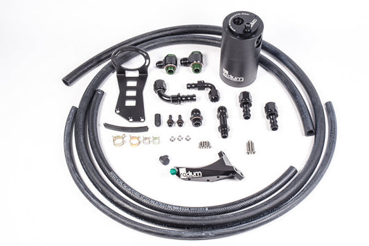 Stock photo of a black Radium 15+ WRX AOS-R Kit- with Master Cylinder Brace, including black hose tubing and fittings with green accents.
