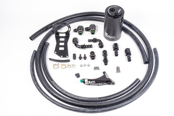 Stock photo of a black Radium 15+ WRX AOS-R Kit- with Master Cylinder Brace, including black hose tubing and fittings with green accents.