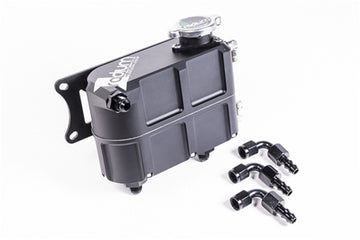 Stock photo of a black, metal, Universal Radium Coolant Expansion Tank with fittings.