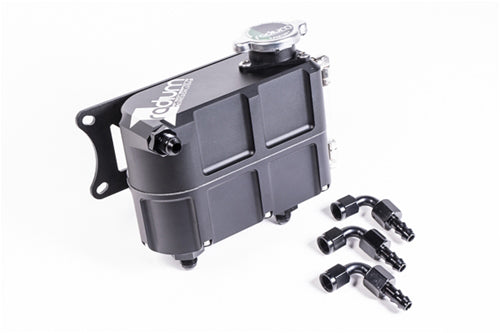 Stock photo of a black, metal, Universal Radium Coolant Expansion Tank with fittings.