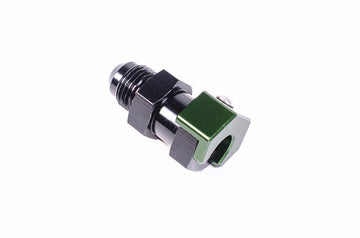 Stock photo of a metal, low profile Radium 5/16In SAE Female to 6AN Male, with green accents.