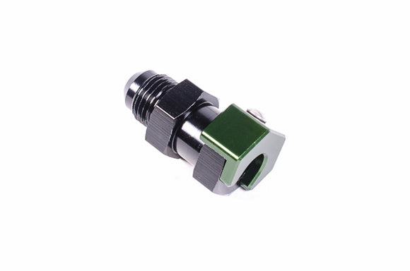 Stock photo of a metal, low profile Radium 5/16In SAE Female to 6AN Male, with green accents.