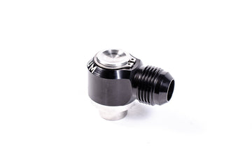 Stock photo of a black, metal Radium 1JZ/2JZ Intake 10AN Male Press Fit PCV Fitting.