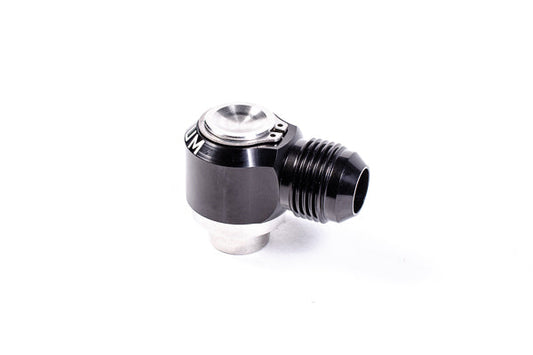 Stock photo of a black, metal Radium 1JZ/2JZ Intake 10AN Male Press Fit PCV Fitting.