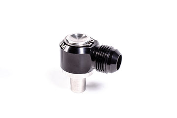 Stock photo of a black, metal Radium 2JZ Exhaust 10AN Male Press Fit PCV Fitting