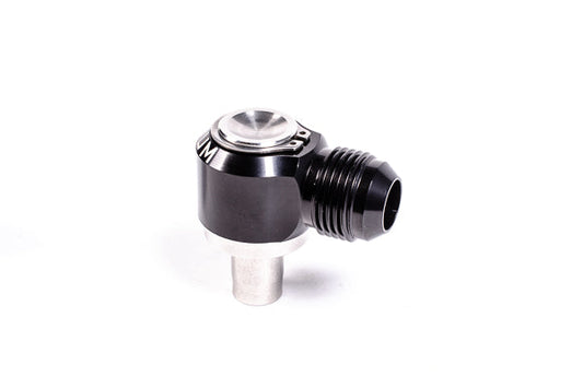 Stock photo of a black, metal Radium 2JZ Exhaust 10AN Male Press Fit PCV Fitting