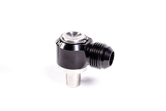 Stock photo of a black, metal Radium 2JZ Exhaust 10AN Male Press Fit PCV Fitting