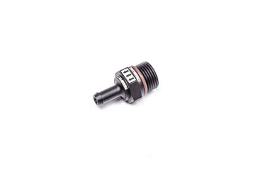 Stock photo of a black, metal Radium PCV Valve, 10AN ORB to .375 Barb.