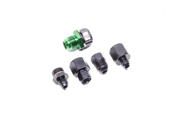 Stock photo of a black, metal Radium 6AN Universal Check Valve Kit with green accets.