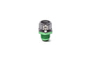 Stock photo of a black, metal, universal Radium check valve with green accents.
