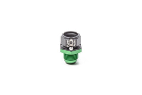Stock photo of a black, metal, universal Radium check valve with green accents.