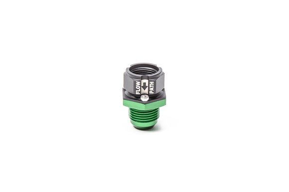Stock photo of a black, metal, universal Radium check valve with green accents.
