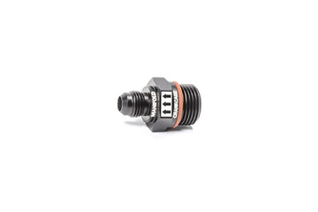 Stock photo of a black, metal Radium PCV Valve, 10AN ORB to 6AN Male