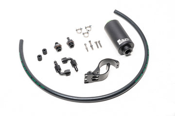 Stock photo of a black Radium Nissan Fuel Filter Kit with black fittings and hoses.