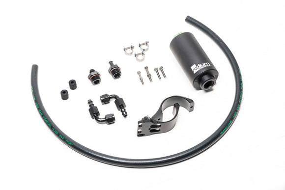 Stock photo of a black Radium Nissan Fuel Filter Kit with black fittings and hoses.
