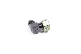 Stock photo of a black, metal, low-profile Radium 5/16In SAE Female to 6AN Male fitting.