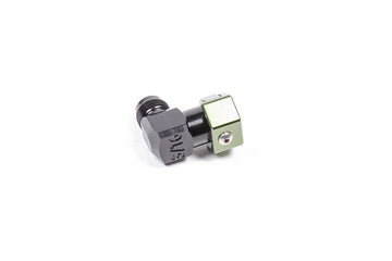 Stock photo of a black, metal, low-profile Radium 5/16In SAE Female to 6AN Male fitting.