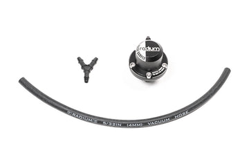 Stock photo of a black, metal Radium FPD-XR, Fuel Pulsation Damper Extra Range 8AN ORB