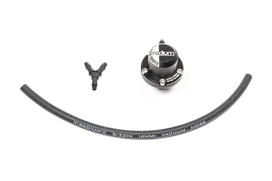 Stock photo of a black, metal Radium FPD-XR, Fuel Pulsation Damper Extra Range 8AN ORB