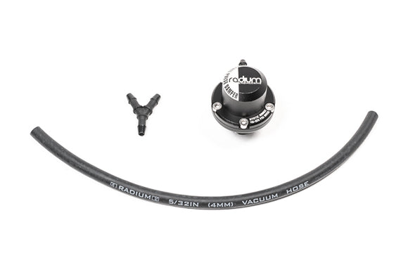 Stock photo of a black, metal Radium FPD-XR, Fuel Pulsation Damper Extra Range 8AN ORB