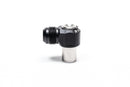 Stock photo of a black, metal Radium RB26DETT Intake/Exhaust 12AN Male Press Fit PCV Fitting