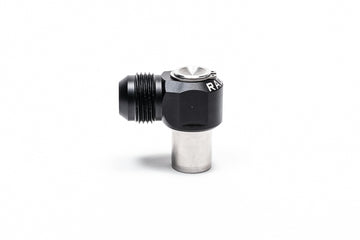 Stock photo of a black, metal Radium RB26DETT Intake/Exhaust 12AN Male Press Fit PCV Fitting
