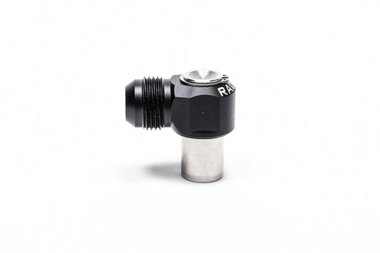 Stock photo of a black, metal Radium RB26DETT Intake/Exhaust 12AN Male Press Fit PCV Fitting