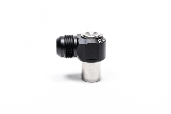 Stock photo of a black, metal Radium RB26DETT Intake/Exhaust 12AN Male Press Fit PCV Fitting