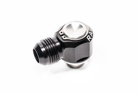 Stock photo of a black, metal Radium RB25DET Intake and Exhaust 10AN Male Press Fit PCV Fitting.