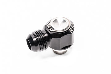 Stock photo of a black, metal Radium RB25DET Intake and Exhaust 10AN Male Press Fit PCV Fitting.