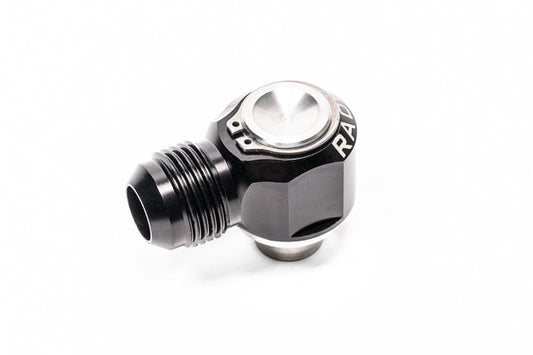 Stock photo of a black, metal Radium RB25DET Intake and Exhaust 10AN Male Press Fit PCV Fitting.