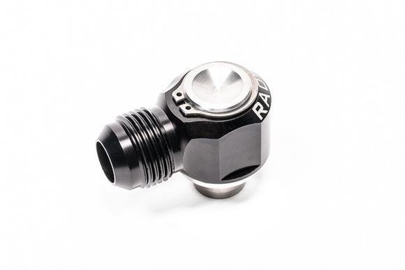 Stock photo of a black, metal Radium RB25DET Intake and Exhaust 10AN Male Press Fit PCV Fitting.