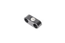 Stock photo of a black, metal, 2-way Radium Hose Separator Clamp.