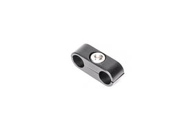 Stock photo of a black, metal, 2-way Radium Hose Separator Clamp.