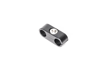 Stock photo of a black, metal, 2-way Radium Hose Separator Clamp.