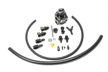 Stock photo of a black, metal Radium FPR Kit for 08-21 Subaru STi.