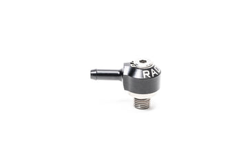 Stock photo of a black, metal Radium 4AN ORB Swivel Banjo to 6.5mm Barb fitting.