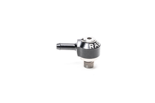 Stock photo of a black, metal Radium 4AN ORB Swivel Banjo to 6.5mm Barb fitting.
