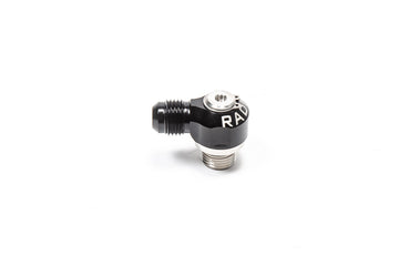 Stock photo of a black, metal Radium 6AN ORB Swivel Banjo to 6AN Male fitting. 
