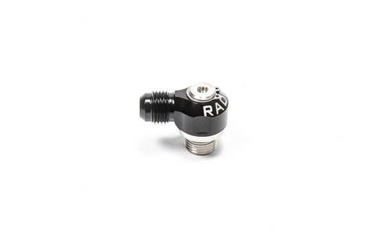 Stock photo of a black, metal Radium 6AN ORB Swivel Banjo to 6AN Male fitting. 