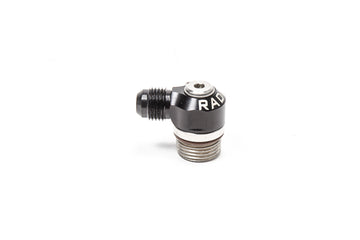 Stock photo of a black, metal Radium 8AN ORB Swivel Banjo to 6AN Male Fitting