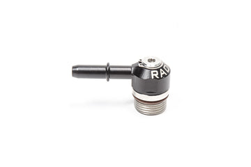 Stock photo of a black, metal Radium 8AN ORB Swivel Banjo to 5/16" 0.313" SAE Male